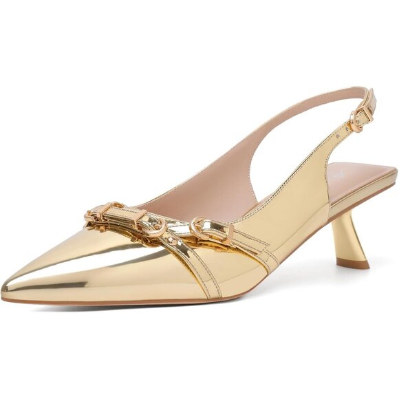 Mostrin Kitten Heel Gold Faux Leather Low Slingback Heels with Buckle - Picture 1 of 9